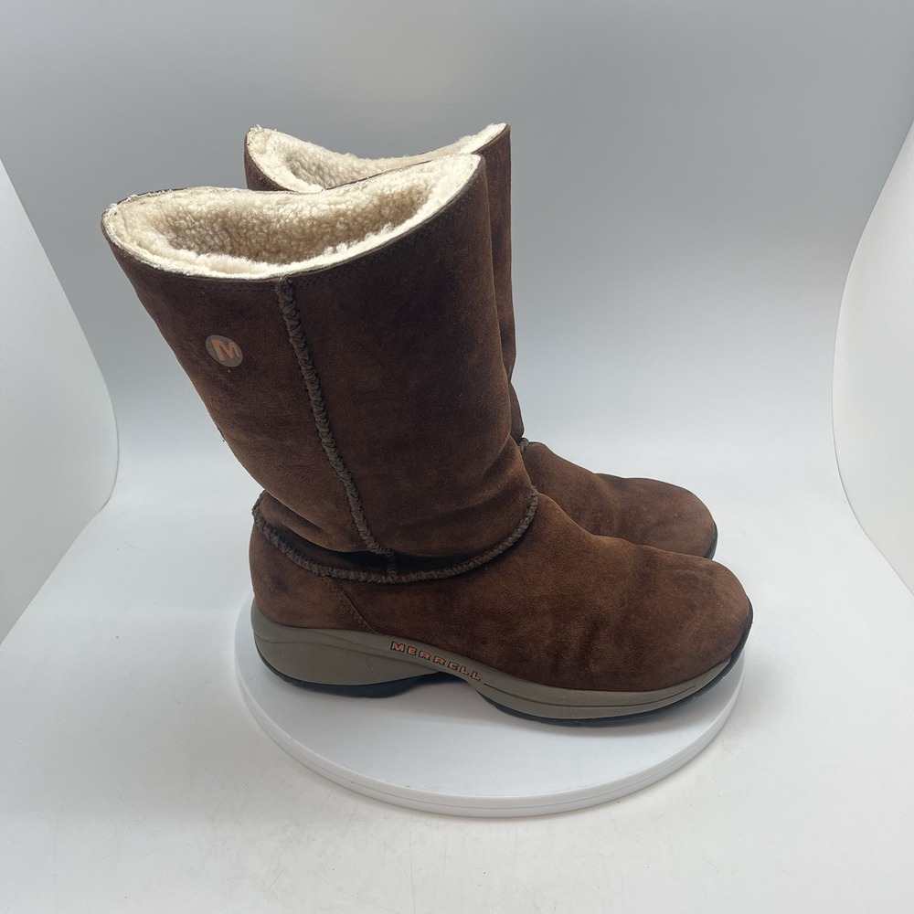 Merrell Primo Stitch High Boots Womens 8 Suede Chestnut Brown Pull Up Fur Lined